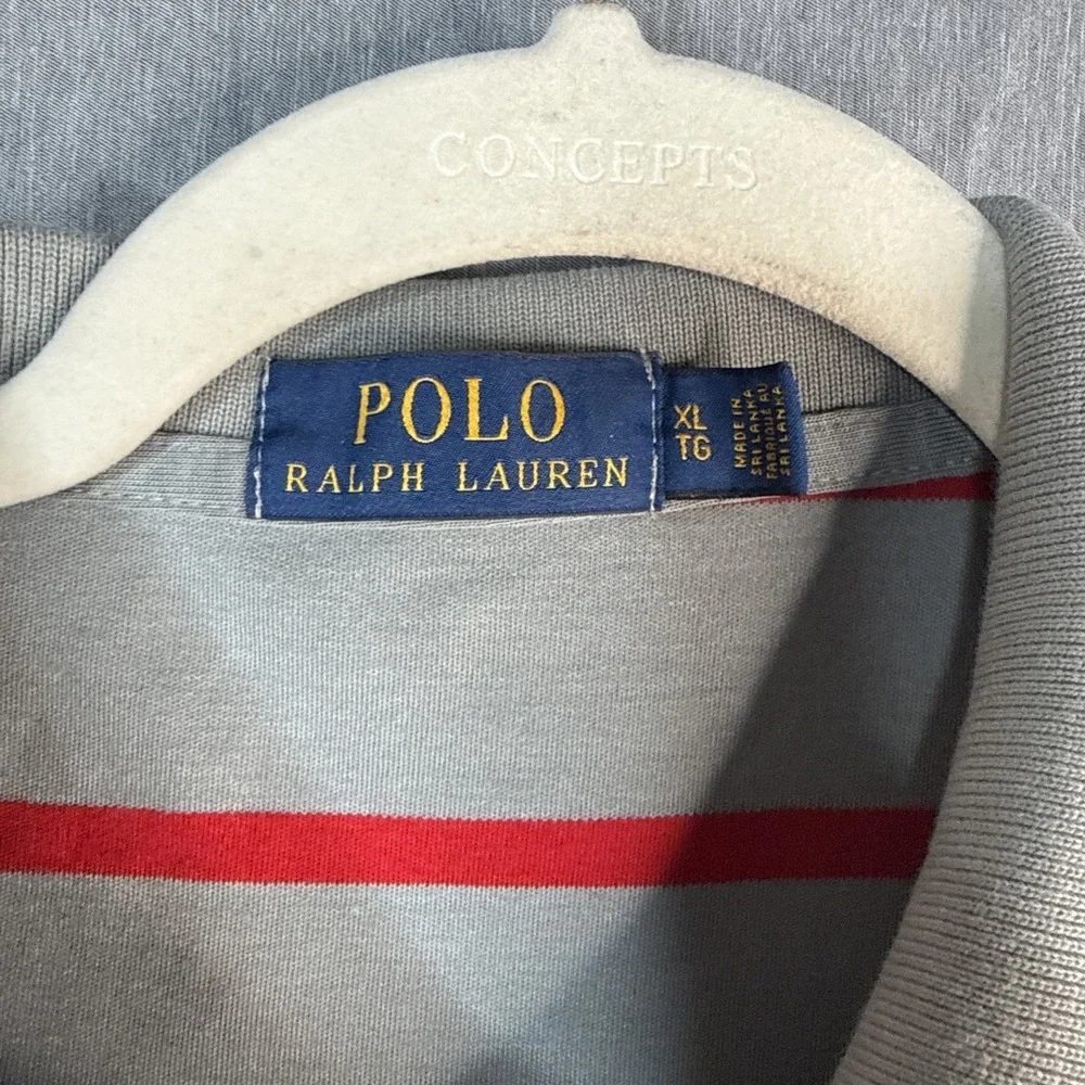 Ralph Lauren Polo Shirt Mens XL  Gray Red Striped Short Sleeve Casual Preppy